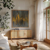 Black and Gold Abstract by Danhui Nai. Shown in a natural wood frame in a cozy modern living room. Available as an archival giclee rolled canvas, fine art paper, or poster print. SKU 28388a.
