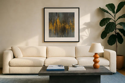 Black and Gold Abstract by Danhui Nai. Displayed in a glass frame with matte in a clean modern living room. Available as an archival giclee rolled canvas, fine art paper, or poster print. SKU 28388a.