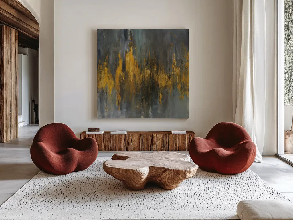 Black and Gold Abstract by Danhui Nai. Shown as extra-large giant wall art in a modern living room. Available as an archival giclee rolled canvas, fine art paper, or poster print. SKU 28388a.