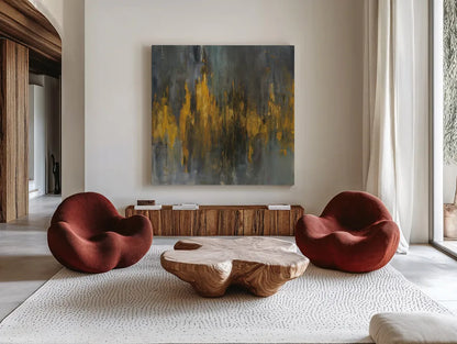 Black and Gold Abstract by Danhui Nai. Shown as extra-large giant wall art in a modern living room. Available as an archival giclee rolled canvas, fine art paper, or poster print. SKU 28388a.