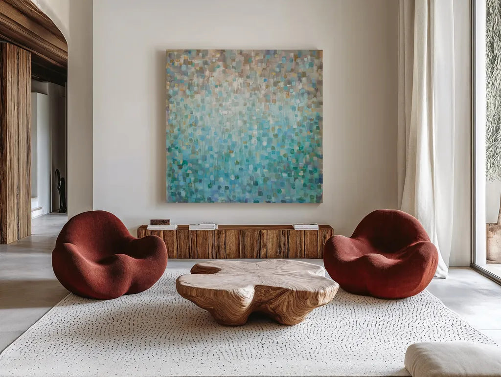 Blocked Abstract by Danhui Nai. Shown as extra-large giant wall art in a modern living room. Available as an archival giclee rolled canvas, fine art paper, or poster print. SKU 32410a.