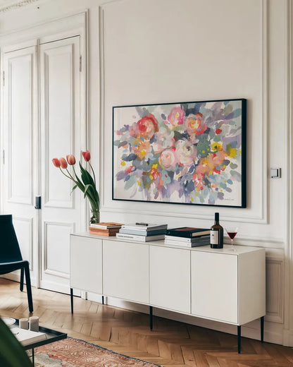 Bloom Burst by Danhui Nai. shown as a framed stretched canvas in a living room above a console. Available as a archival giclee rolled canvas, fine art paper, or poster print. SKU 69677i.