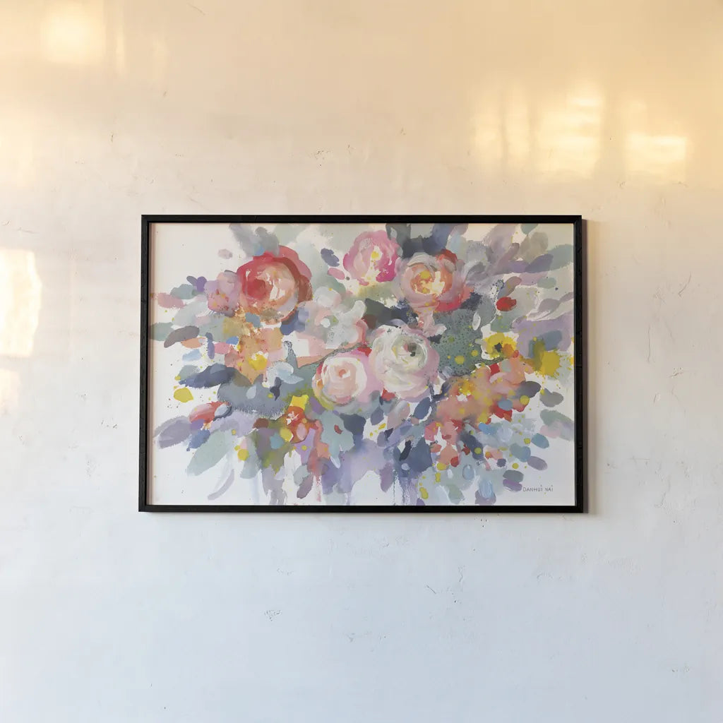 Bloom Burst by Danhui Nai. shown as a paper print in a black flame. Available as a archival giclee rolled canvas, fine art paper, or poster print. SKU 69677i.