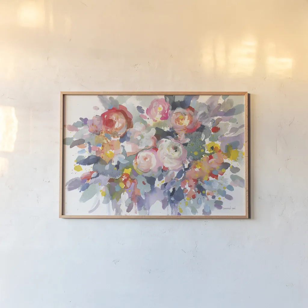 Bloom Burst by Danhui Nai. shown as a paper print in a natural frame. Available as a archival giclee rolled canvas, fine art paper, or poster print. SKU 69677i.