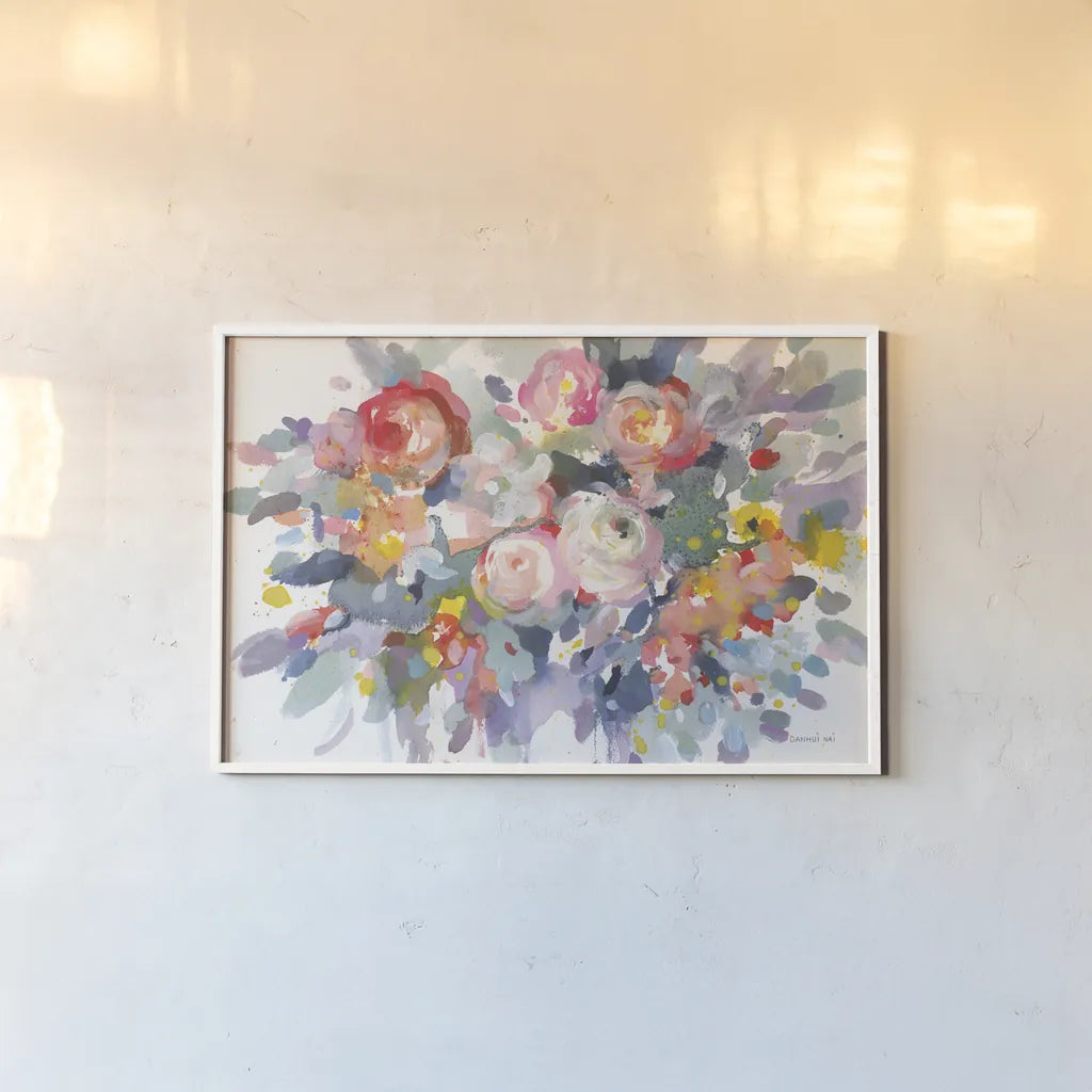Bloom Burst by Danhui Nai. shown as a paper print in a white frame. Available as a archival giclee rolled canvas, fine art paper, or poster print. SKU 69677i.