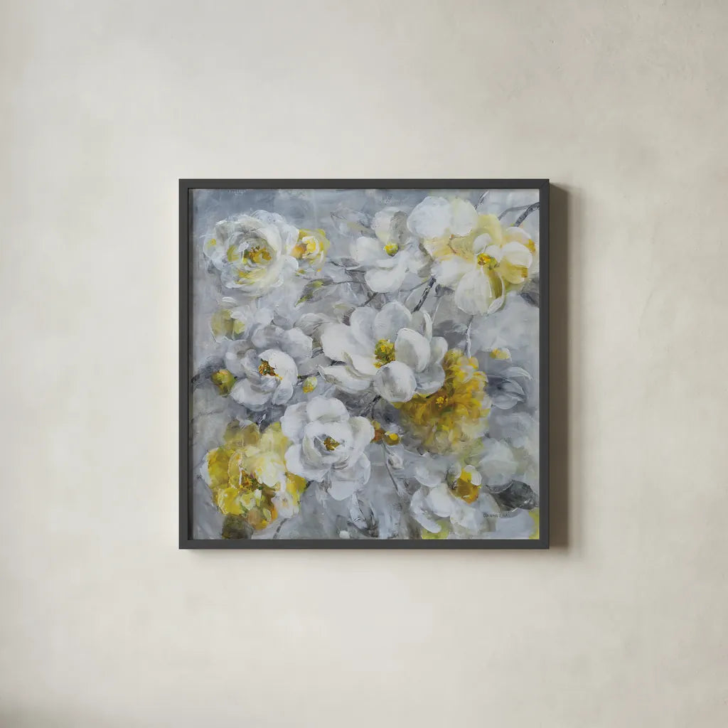 Blooming Beautiful by Danhui Nai. Shown in a sleek black glass frame for a contemporary gallery look. Available as an archival giclee rolled canvas, fine art paper, or poster print. SKU 86890a.