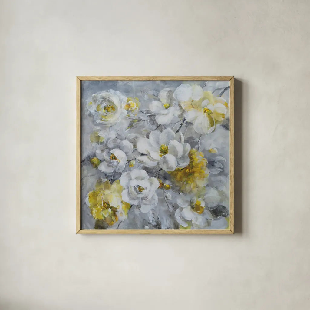 Blooming Beautiful by Danhui Nai. Shown in a natural wood glass frame for a timeless modern aesthetic. Available as an archival giclee rolled canvas, fine art paper, or poster print. SKU 86890a.