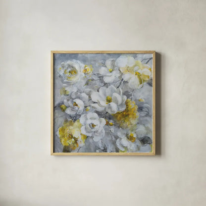 Blooming Beautiful by Danhui Nai. Shown in a natural wood glass frame for a timeless modern aesthetic. Available as an archival giclee rolled canvas, fine art paper, or poster print. SKU 86890a.