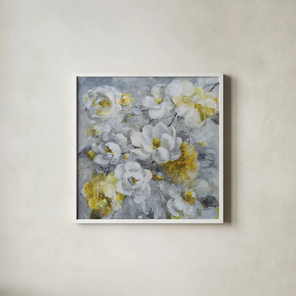 Blooming Beautiful by Danhui Nai. Shown in a crisp white glass frame for a clean and minimalist style. Available as an archival giclee rolled canvas, fine art paper, or poster print. SKU 86890a.