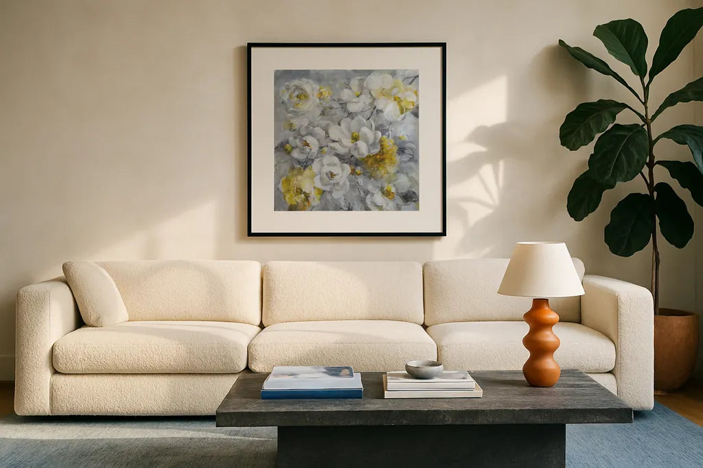 Blooming Beautiful by Danhui Nai. Displayed in a glass frame with matte in a clean modern living room. Available as an archival giclee rolled canvas, fine art paper, or poster print. SKU 86890a.