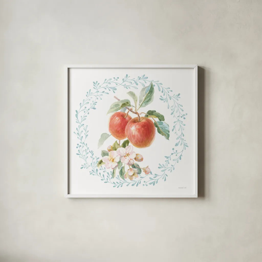 Blooming Orchard II by Danhui Nai. Shown in a crisp white glass frame for a clean and minimalist style. Available as an archival giclee rolled canvas, fine art paper, or poster print. SKU 78491a.