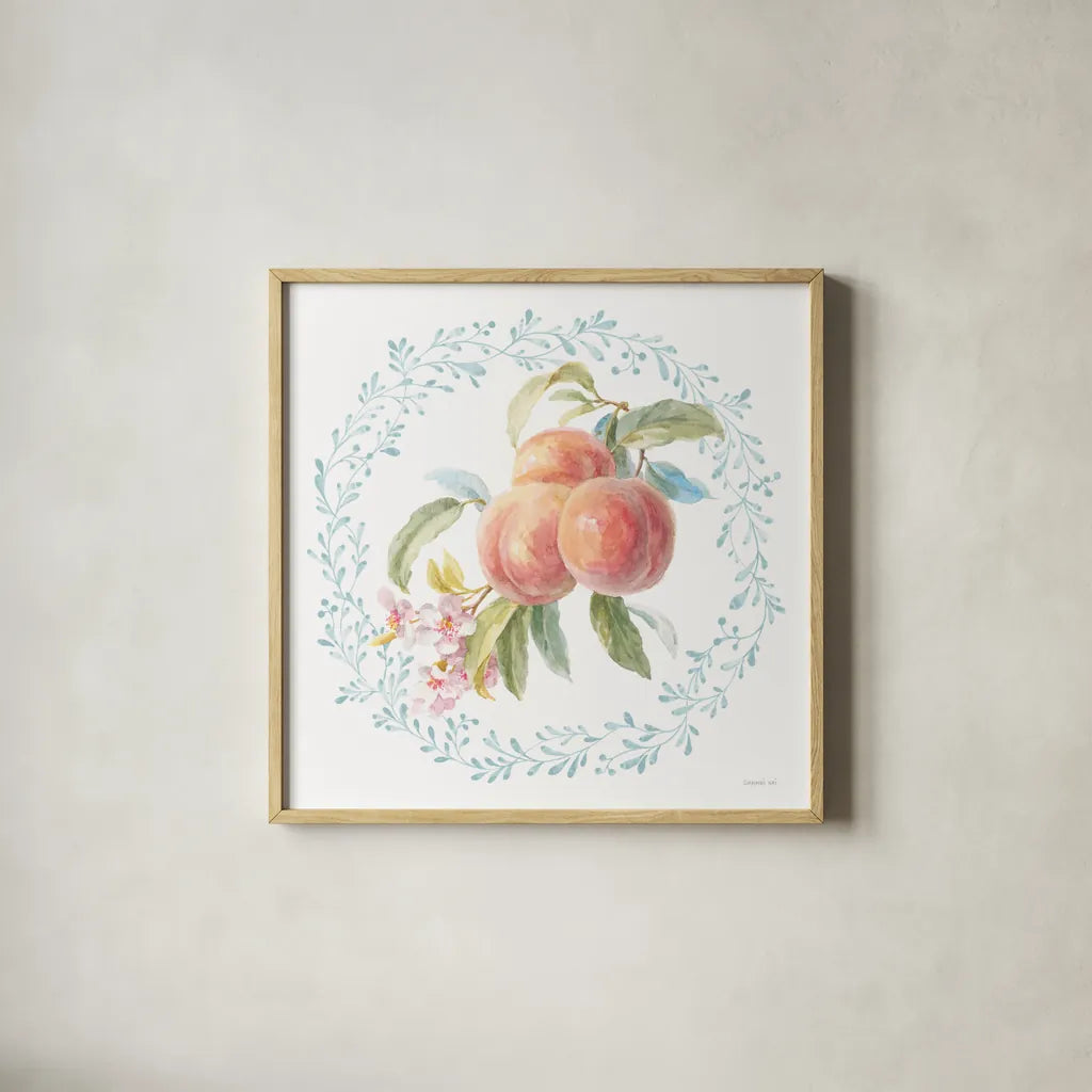 Blooming Orchard III by Danhui Nai. Shown in a natural wood glass frame for a timeless modern aesthetic. Available as an archival giclee rolled canvas, fine art paper, or poster print. SKU 78492a.
