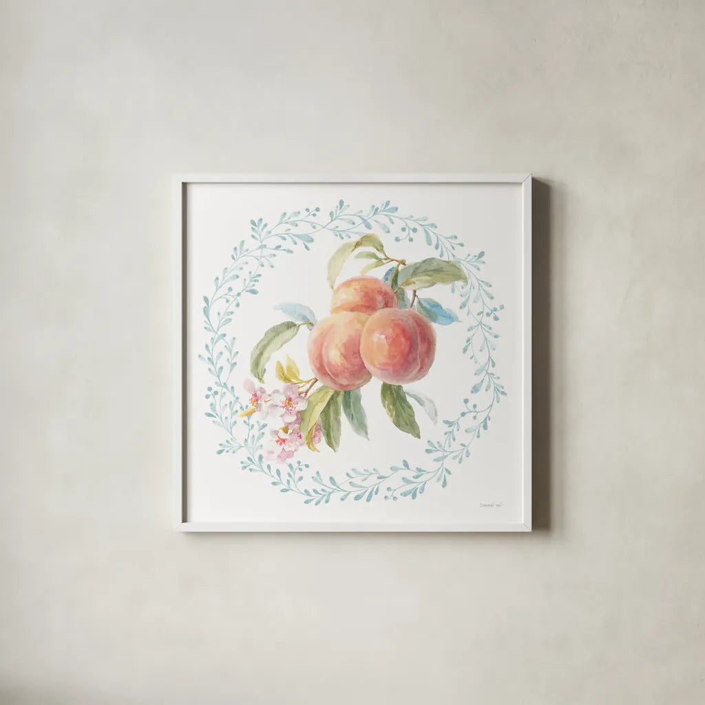 Blooming Orchard III by Danhui Nai. Shown in a crisp white glass frame for a clean and minimalist style. Available as an archival giclee rolled canvas, fine art paper, or poster print. SKU 78492a.