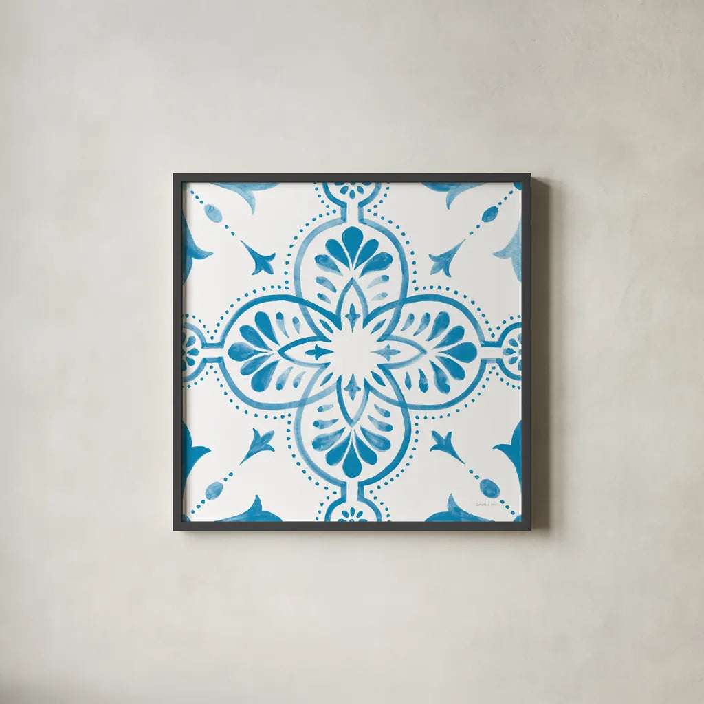 Blooming Orchard Tile I by Danhui Nai. Shown in a sleek black glass frame for a contemporary gallery look. Available as an archival giclee rolled canvas, fine art paper, or poster print. SKU 78495a.