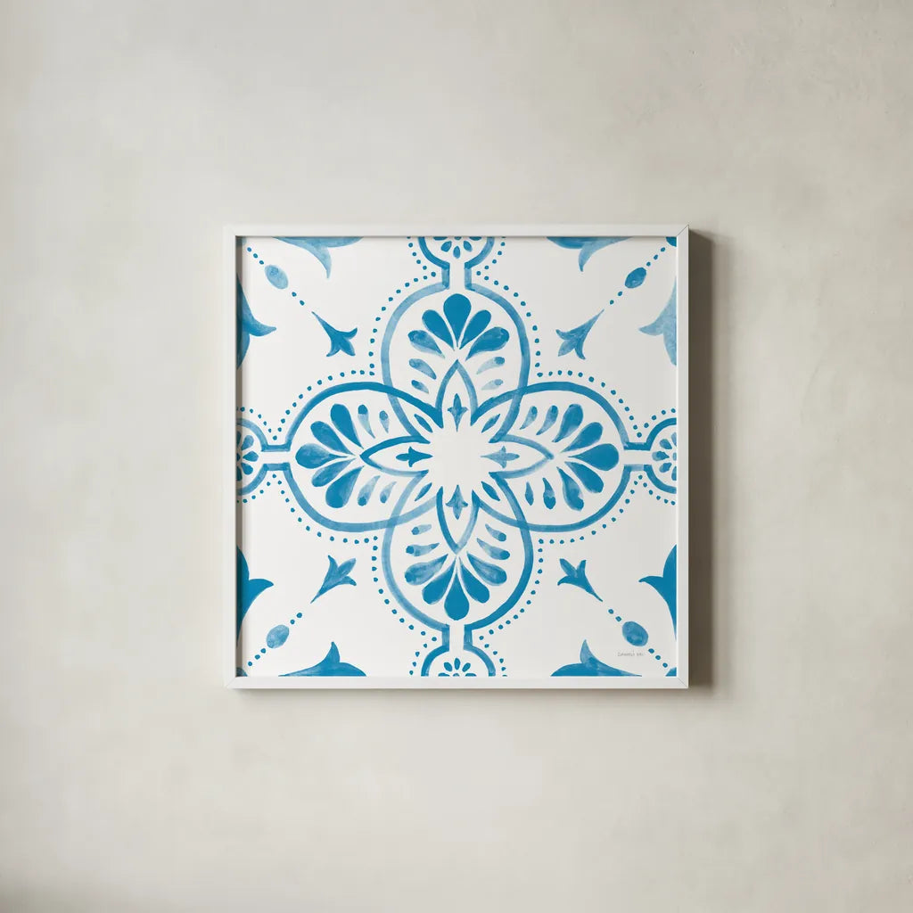Blooming Orchard Tile I by Danhui Nai. Shown in a crisp white glass frame for a clean and minimalist style. Available as an archival giclee rolled canvas, fine art paper, or poster print. SKU 78495a.