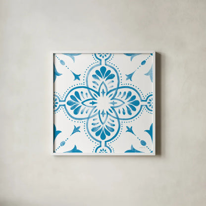 Blooming Orchard Tile I by Danhui Nai. Shown in a crisp white glass frame for a clean and minimalist style. Available as an archival giclee rolled canvas, fine art paper, or poster print. SKU 78495a.