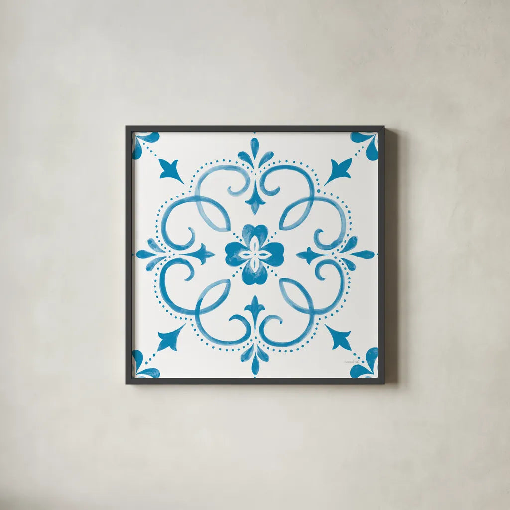 Blooming Orchard Tile II by Danhui Nai. Shown in a sleek black glass frame for a contemporary gallery look. Available as an archival giclee rolled canvas, fine art paper, or poster print. SKU 78496a.