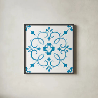 Blooming Orchard Tile II by Danhui Nai. Shown in a sleek black glass frame for a contemporary gallery look. Available as an archival giclee rolled canvas, fine art paper, or poster print. SKU 78496a.