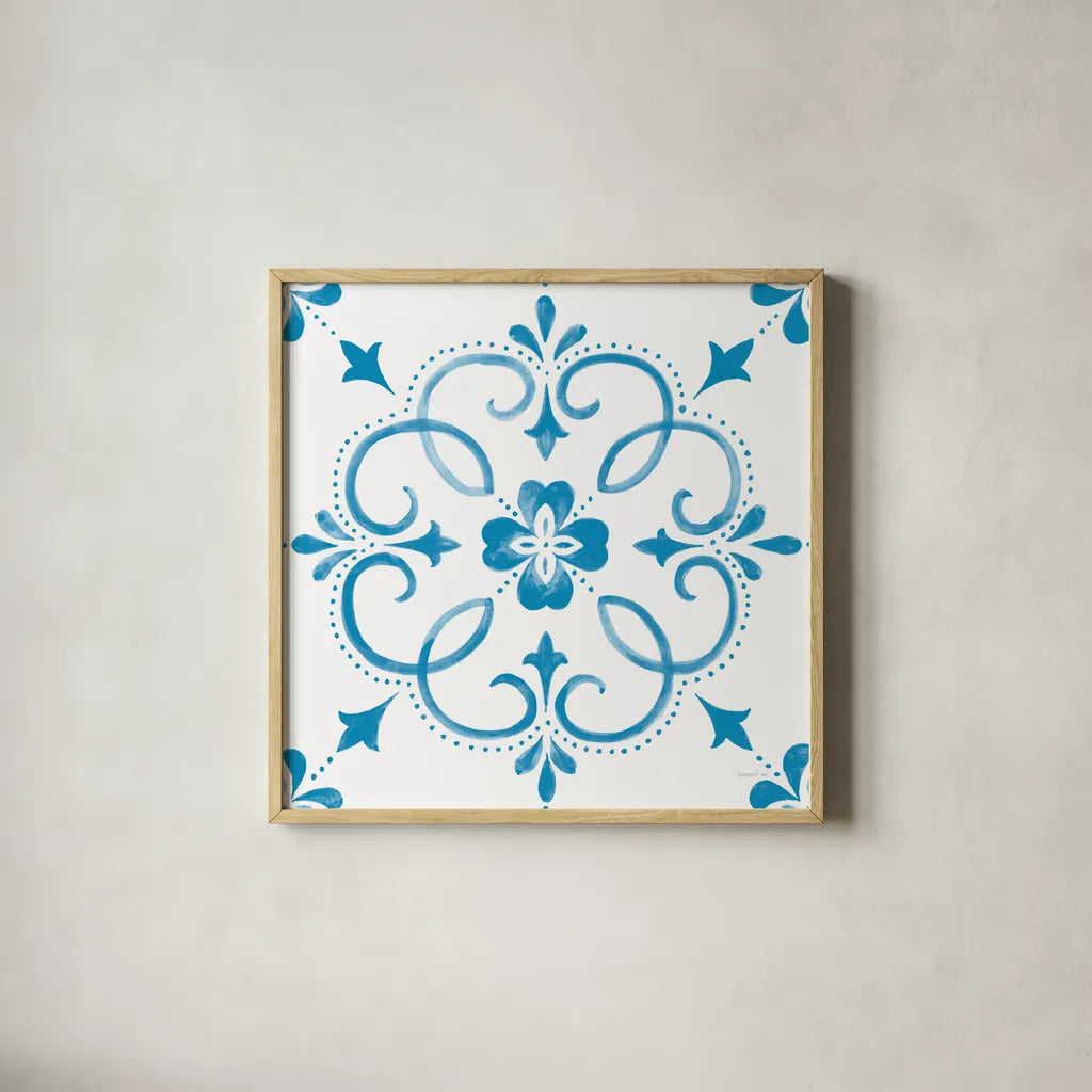 Blooming Orchard Tile II by Danhui Nai. Shown in a natural wood glass frame for a timeless modern aesthetic. Available as an archival giclee rolled canvas, fine art paper, or poster print. SKU 78496a.