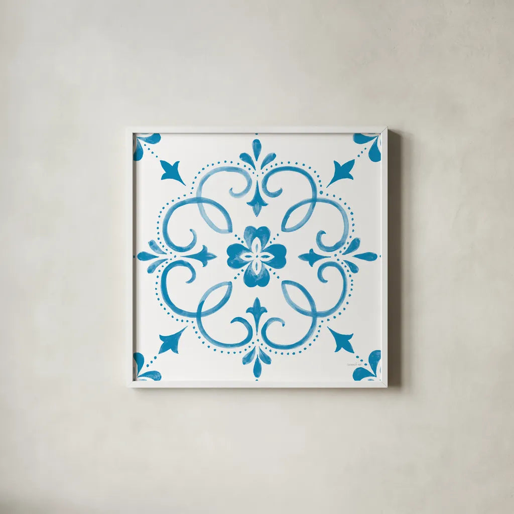 Blooming Orchard Tile II by Danhui Nai. Shown in a crisp white glass frame for a clean and minimalist style. Available as an archival giclee rolled canvas, fine art paper, or poster print. SKU 78496a.