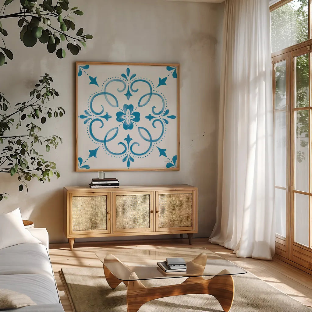 Blooming Orchard Tile II by Danhui Nai. Shown in a natural wood frame in a cozy modern living room. Available as an archival giclee rolled canvas, fine art paper, or poster print. SKU 78496a.