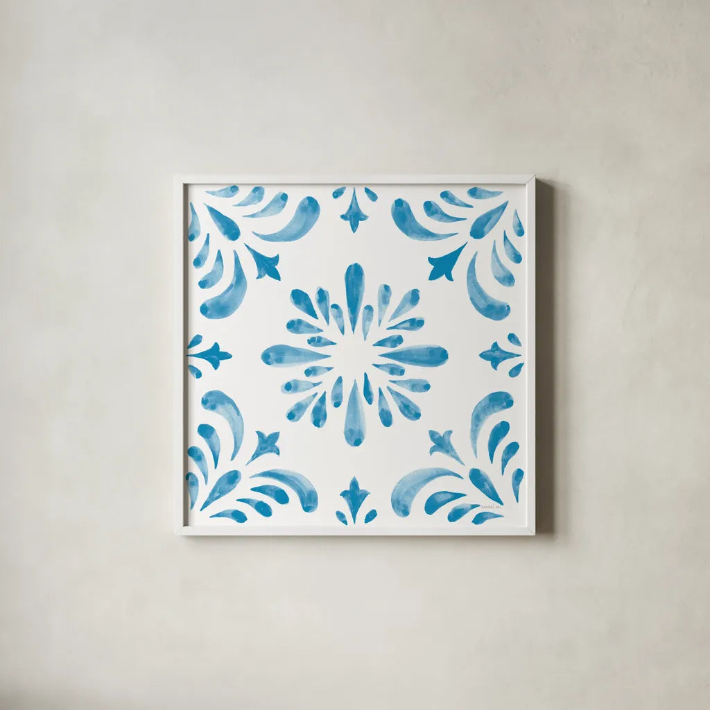 Blooming Orchard Tile III by Danhui Nai. Shown in a crisp white glass frame for a clean and minimalist style. Available as an archival giclee rolled canvas, fine art paper, or poster print. SKU 78497a.