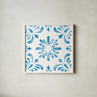 Blooming Orchard Tile III by Danhui Nai. Shown in a crisp white glass frame for a clean and minimalist style. Available as an archival giclee rolled canvas, fine art paper, or poster print. SKU 78497a.