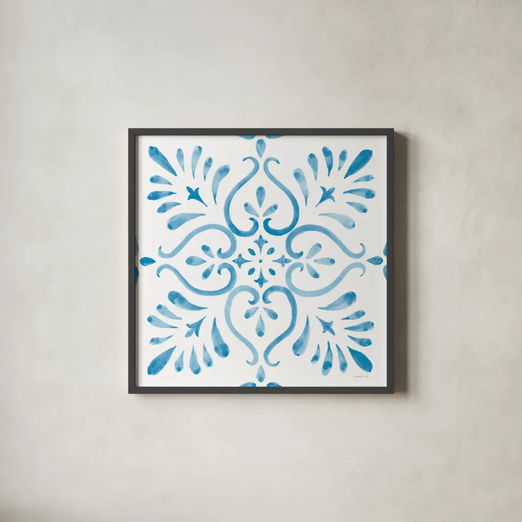 Blooming Orchard Tile IV by Danhui Nai. Shown in a sleek black glass frame for a contemporary gallery look. Available as an archival giclee rolled canvas, fine art paper, or poster print. SKU 78498a.