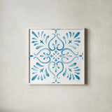 Blooming Orchard Tile IV by Danhui Nai. Shown in a crisp white glass frame for a clean and minimalist style. Available as an archival giclee rolled canvas, fine art paper, or poster print. SKU 78498a.
