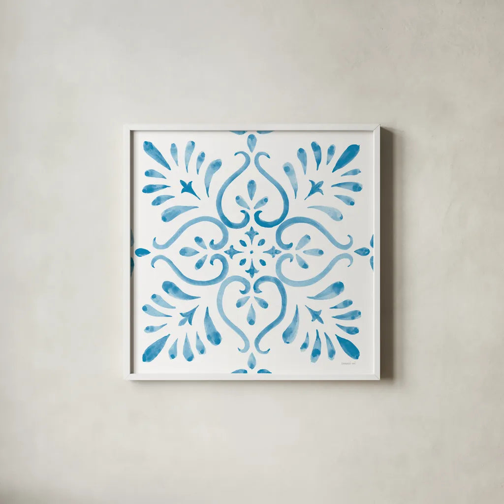 Blooming Orchard Tile IV by Danhui Nai. Shown in a crisp white glass frame for a clean and minimalist style. Available as an archival giclee rolled canvas, fine art paper, or poster print. SKU 78498a.