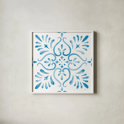 Blooming Orchard Tile IV by Danhui Nai. Shown in a crisp white glass frame for a clean and minimalist style. Available as an archival giclee rolled canvas, fine art paper, or poster print. SKU 78498a.