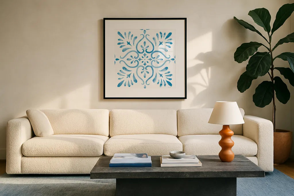 Blooming Orchard Tile IV by Danhui Nai. Displayed in a glass frame with matte in a clean modern living room. Available as an archival giclee rolled canvas, fine art paper, or poster print. SKU 78498a.