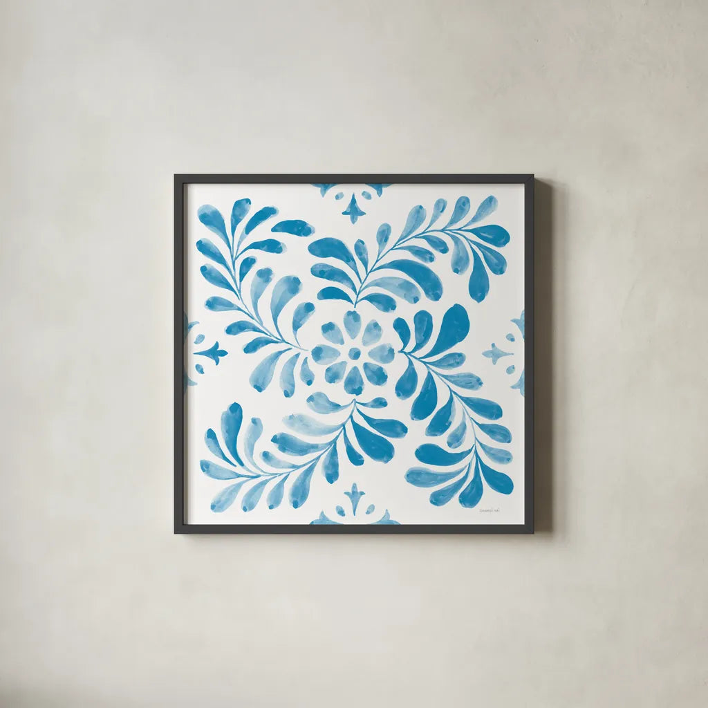 Blooming Orchard Tile V by Danhui Nai. Shown in a sleek black glass frame for a contemporary gallery look. Available as an archival giclee rolled canvas, fine art paper, or poster print. SKU 78499a.