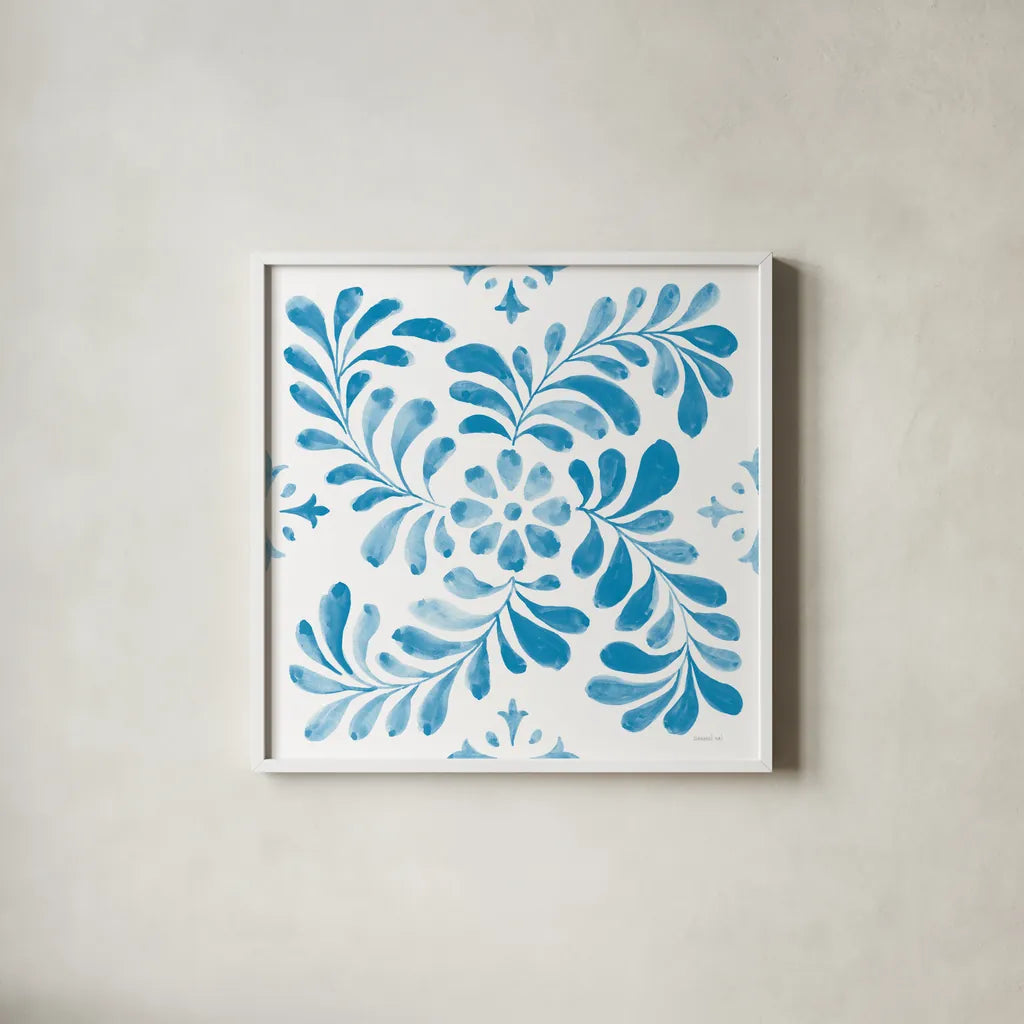 Blooming Orchard Tile V by Danhui Nai. Shown in a crisp white glass frame for a clean and minimalist style. Available as an archival giclee rolled canvas, fine art paper, or poster print. SKU 78499a.