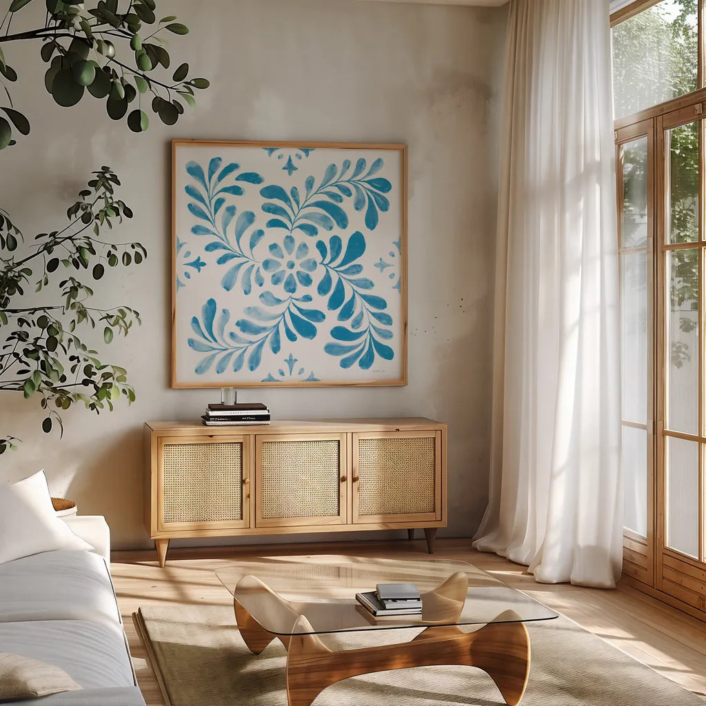 Blooming Orchard Tile V by Danhui Nai. Shown in a natural wood frame in a cozy modern living room. Available as an archival giclee rolled canvas, fine art paper, or poster print. SKU 78499a.
