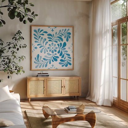 Blooming Orchard Tile V by Danhui Nai. Shown in a natural wood frame in a cozy modern living room. Available as an archival giclee rolled canvas, fine art paper, or poster print. SKU 78499a.