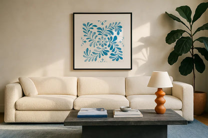 Blooming Orchard Tile V by Danhui Nai. Displayed in a glass frame with matte in a clean modern living room. Available as an archival giclee rolled canvas, fine art paper, or poster print. SKU 78499a.
