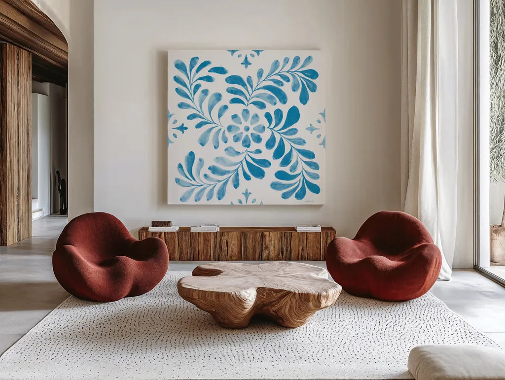 Blooming Orchard Tile V by Danhui Nai. Shown as extra-large giant wall art in a modern living room. Available as an archival giclee rolled canvas, fine art paper, or poster print. SKU 78499a.