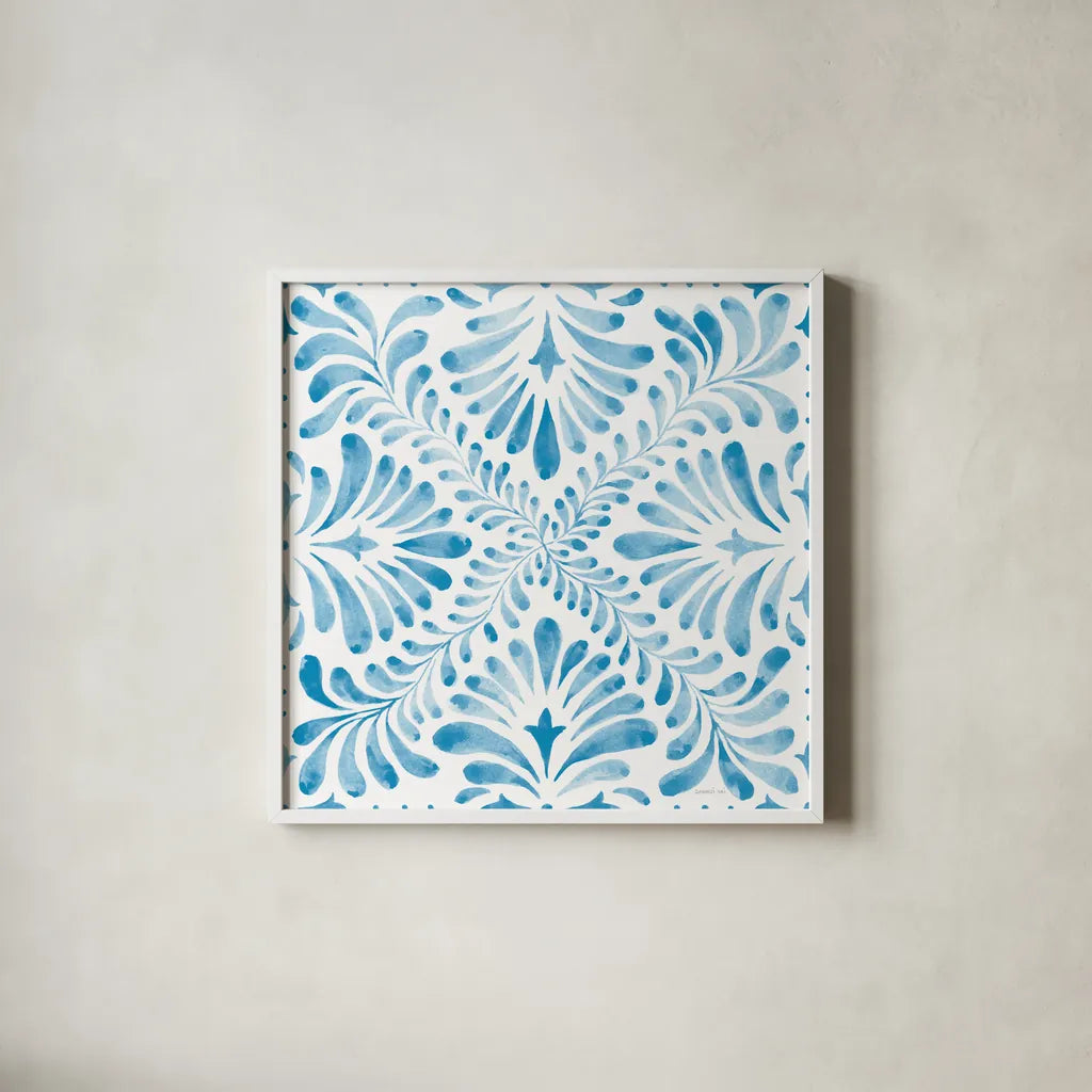 Blooming Orchard Tile VI by Danhui Nai. Shown in a crisp white glass frame for a clean and minimalist style. Available as an archival giclee rolled canvas, fine art paper, or poster print. SKU 78500a.