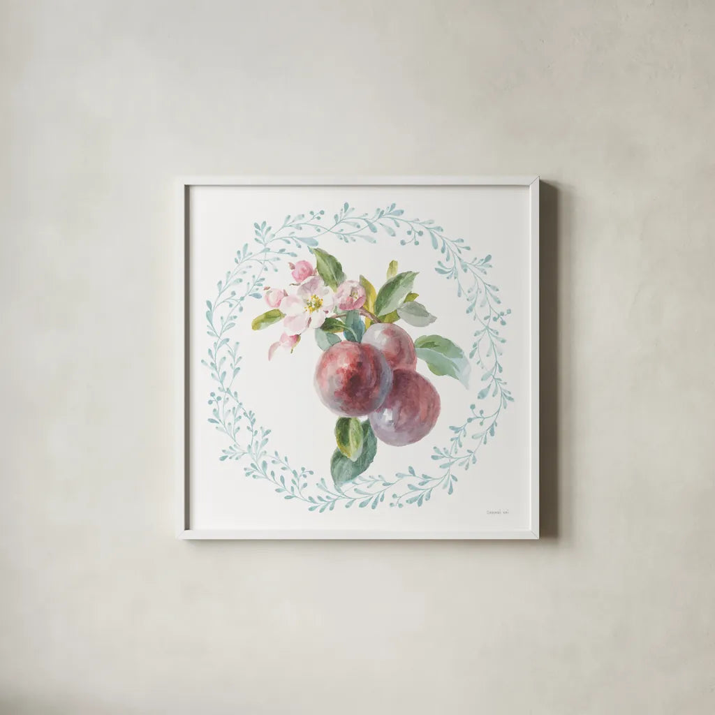 Blooming Orchard V by Danhui Nai. Shown in a crisp white glass frame for a clean and minimalist style. Available as an archival giclee rolled canvas, fine art paper, or poster print. SKU 78494a.