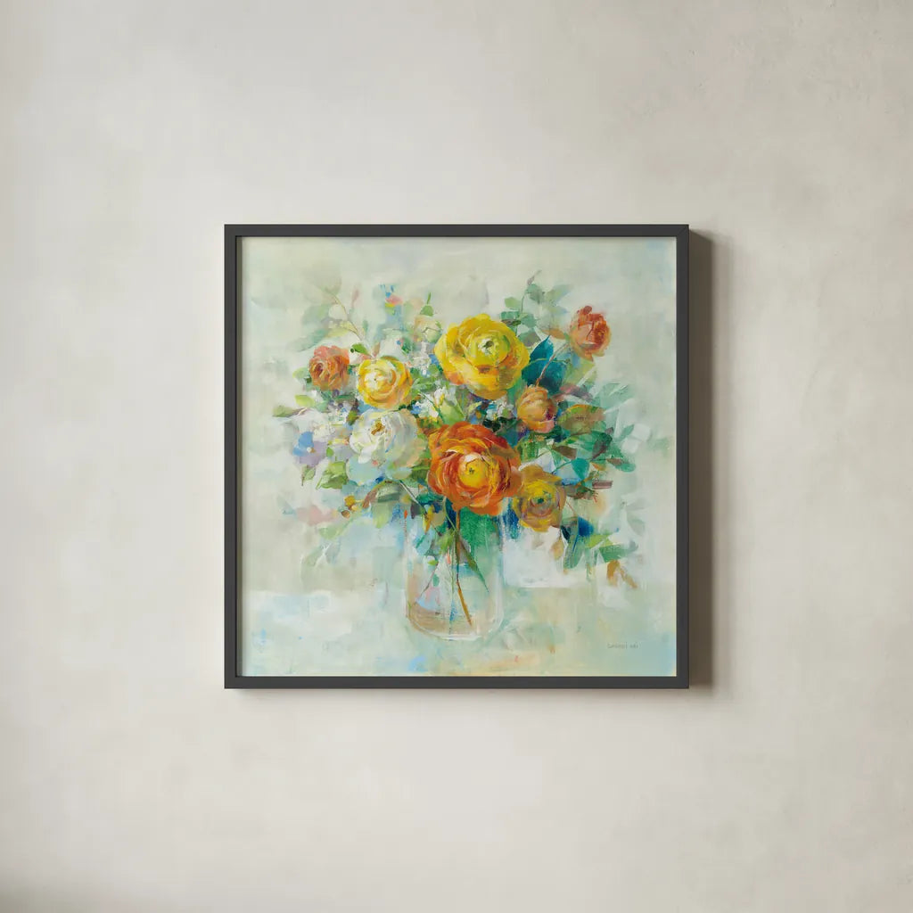 Blooming Splendor I by Danhui Nai. Shown in a sleek black glass frame for a contemporary gallery look. Available as an archival giclee rolled canvas, fine art paper, or poster print. SKU 59186a.