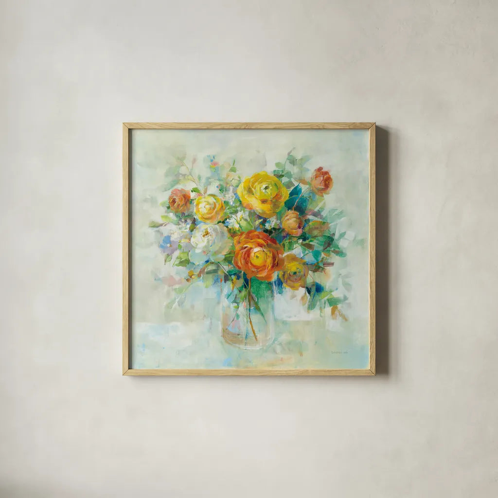Blooming Splendor I by Danhui Nai. Shown in a natural wood glass frame for a timeless modern aesthetic. Available as an archival giclee rolled canvas, fine art paper, or poster print. SKU 59186a.
