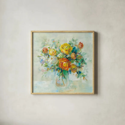 Blooming Splendor I by Danhui Nai. Shown in a natural wood glass frame for a timeless modern aesthetic. Available as an archival giclee rolled canvas, fine art paper, or poster print. SKU 59186a.