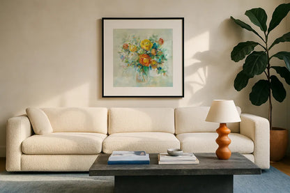 Blooming Splendor I by Danhui Nai. Displayed in a glass frame with matte in a clean modern living room. Available as an archival giclee rolled canvas, fine art paper, or poster print. SKU 59186a.
