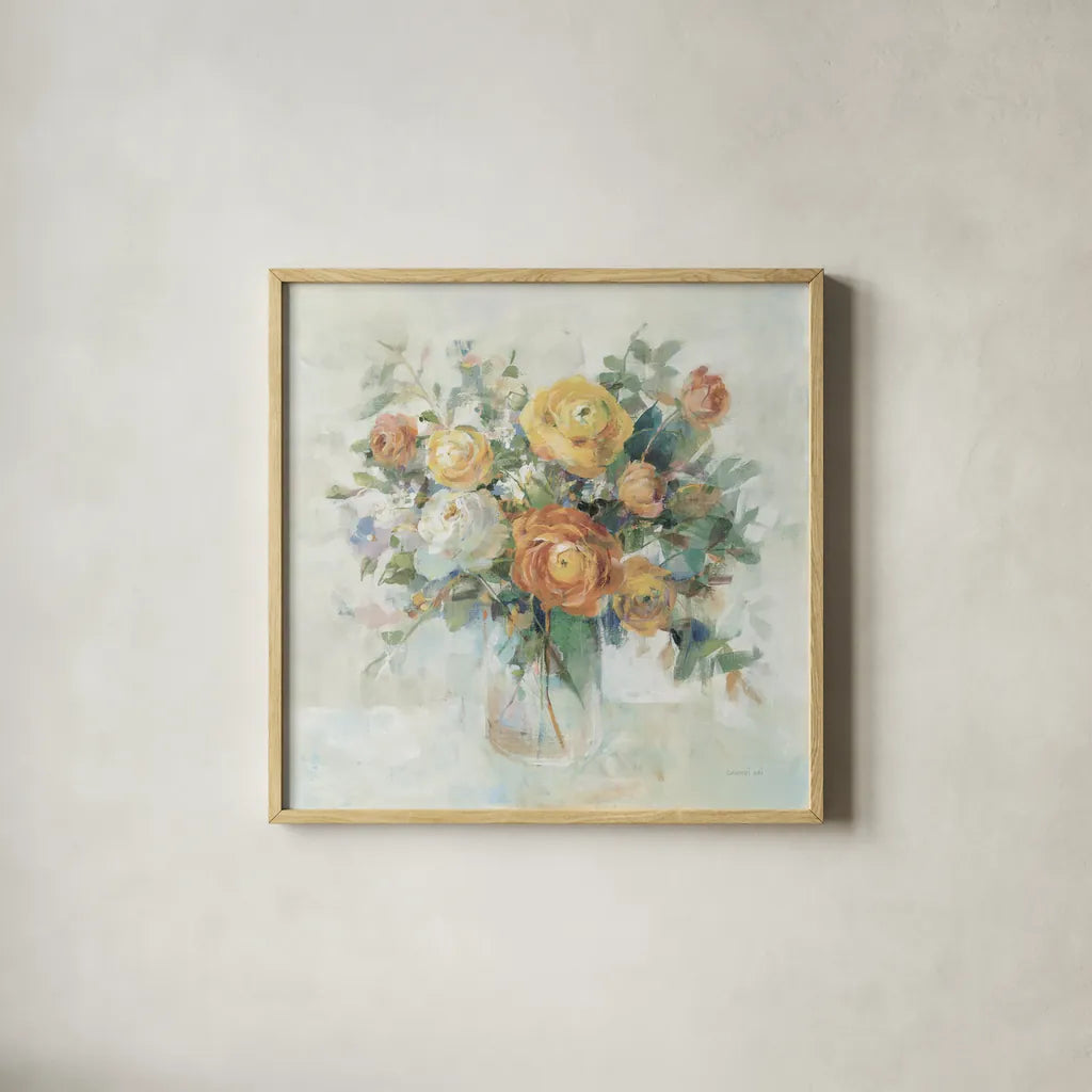 Blooming Splendor I Neutral by Danhui Nai. Shown in a natural wood glass frame for a timeless modern aesthetic. Available as an archival giclee rolled canvas, fine art paper, or poster print. SKU 70353a.