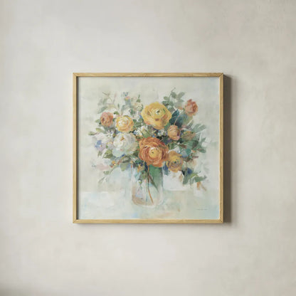 Blooming Splendor I Neutral by Danhui Nai. Shown in a natural wood glass frame for a timeless modern aesthetic. Available as an archival giclee rolled canvas, fine art paper, or poster print. SKU 70353a.