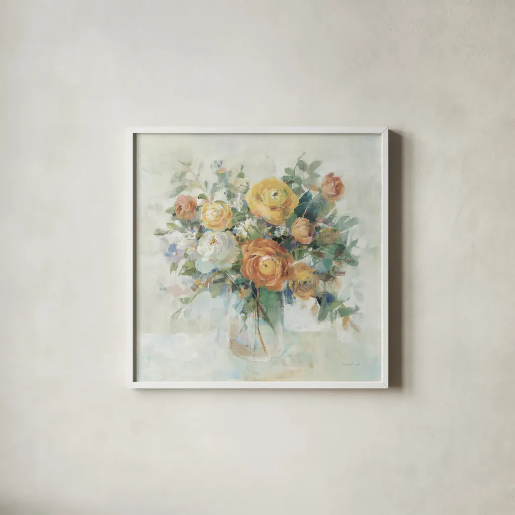 Blooming Splendor I Neutral by Danhui Nai. Shown in a crisp white glass frame for a clean and minimalist style. Available as an archival giclee rolled canvas, fine art paper, or poster print. SKU 70353a.