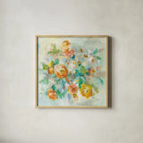 Blooming Splendor V Dark by Danhui Nai. Shown in a natural wood glass frame for a timeless modern aesthetic. Available as an archival giclee rolled canvas, fine art paper, or poster print. SKU 62411a.