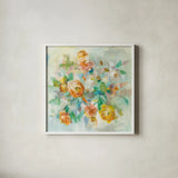 Blooming Splendor V Dark by Danhui Nai. Shown in a crisp white glass frame for a clean and minimalist style. Available as an archival giclee rolled canvas, fine art paper, or poster print. SKU 62411a.