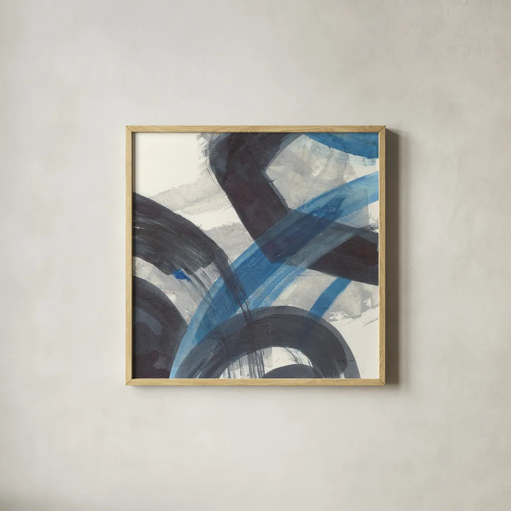 Blue Brushy Abstract I Crop by Danhui Nai. Shown in a natural wood glass frame for a timeless modern aesthetic. Available as an archival giclee rolled canvas, fine art paper, or poster print. SKU 60195a.
